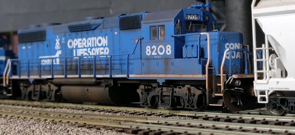 Atlas TM CR GP38-2 #8208 custom painted, weathered &amp detailed. In the Operation Lifesaver scheme